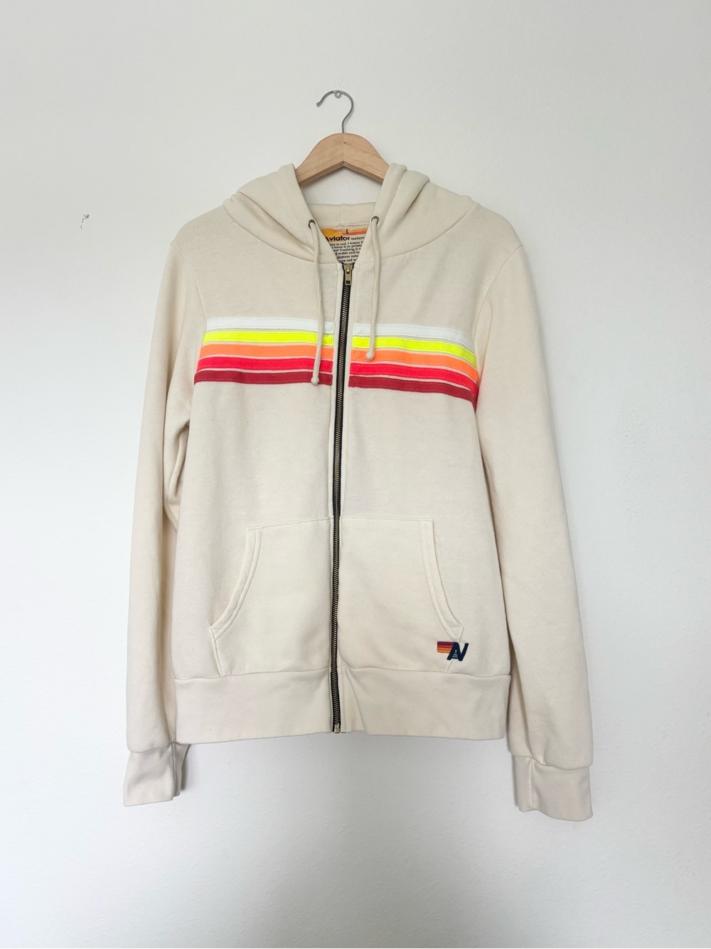 Aviator Nation Vintage Cream Rainbow Stripe Full Zip Hoodie Size L